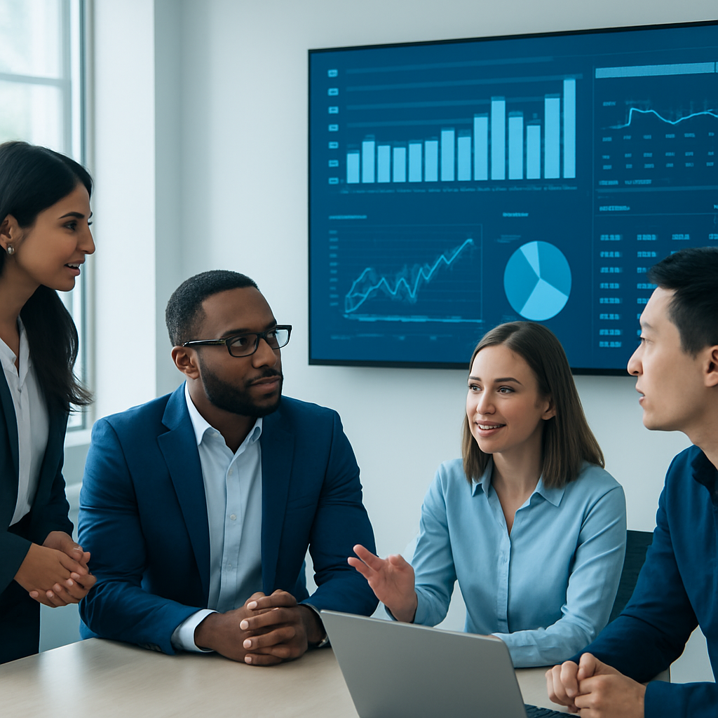 Equipo de trabajo de EqualRP colaborando frente a paneles de datos